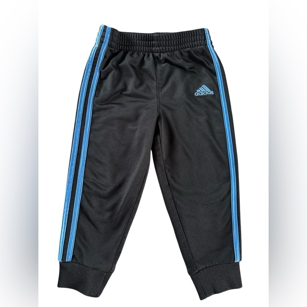 Adidas Toddler Track Pants Black Blue 3 Stripe Joggers Elastic Waist 18M